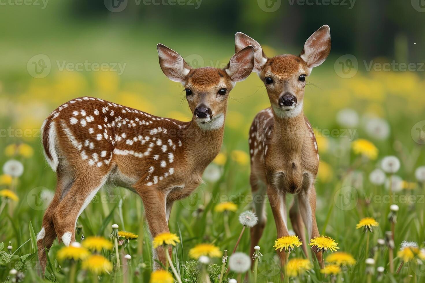 AI generated Two fawns standing in a field with dandelions. photo