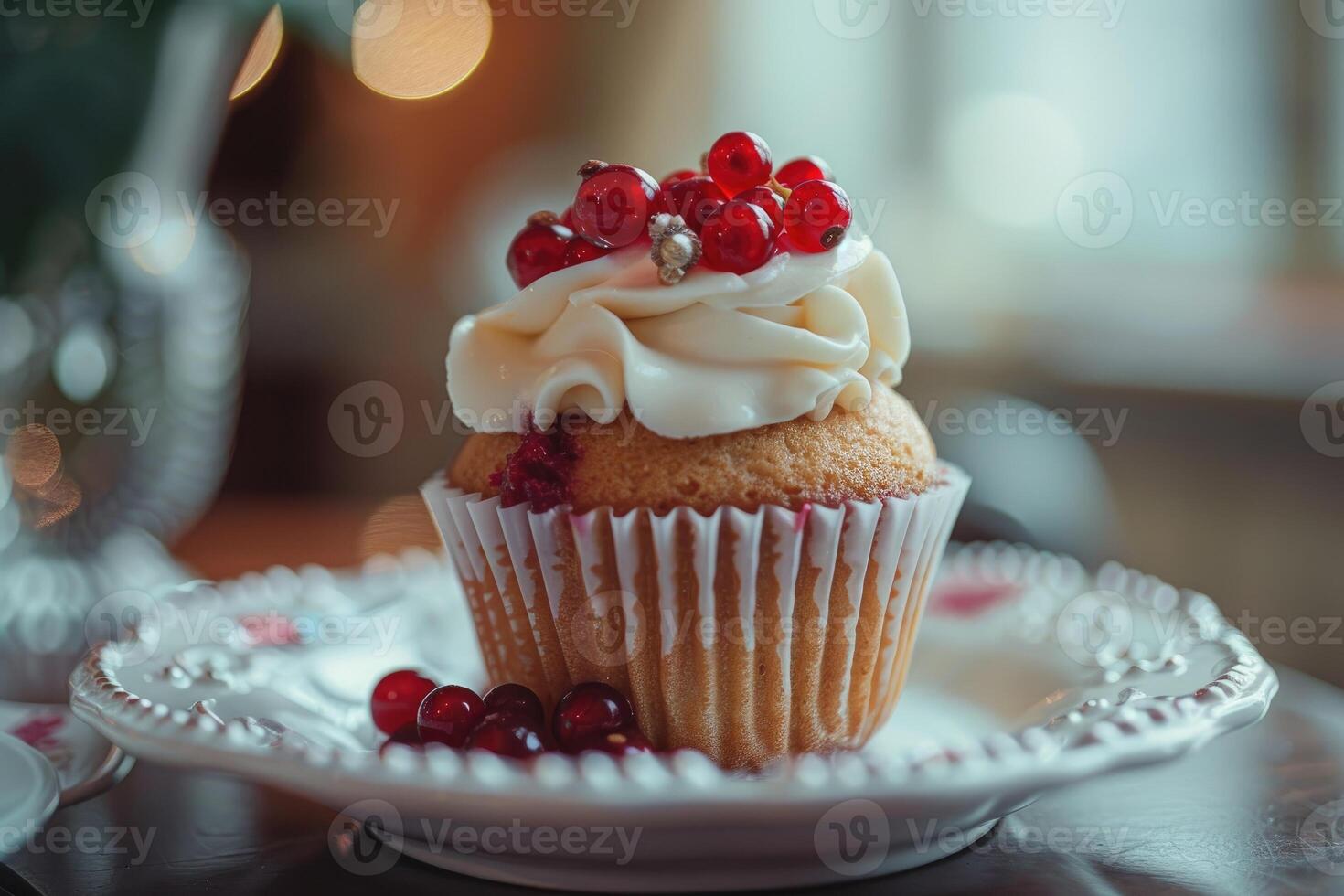AI generated Tasty cupcake with cream and redberry photo