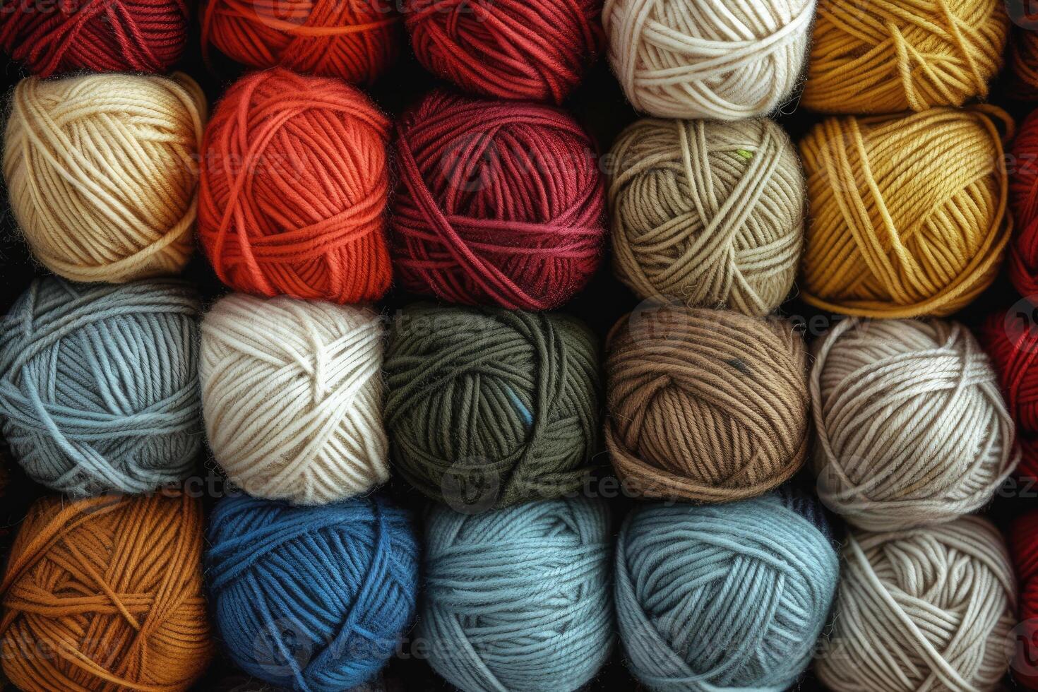 AI generated Many different balls of wool or yarn. Handicraft and hobby theme. photo