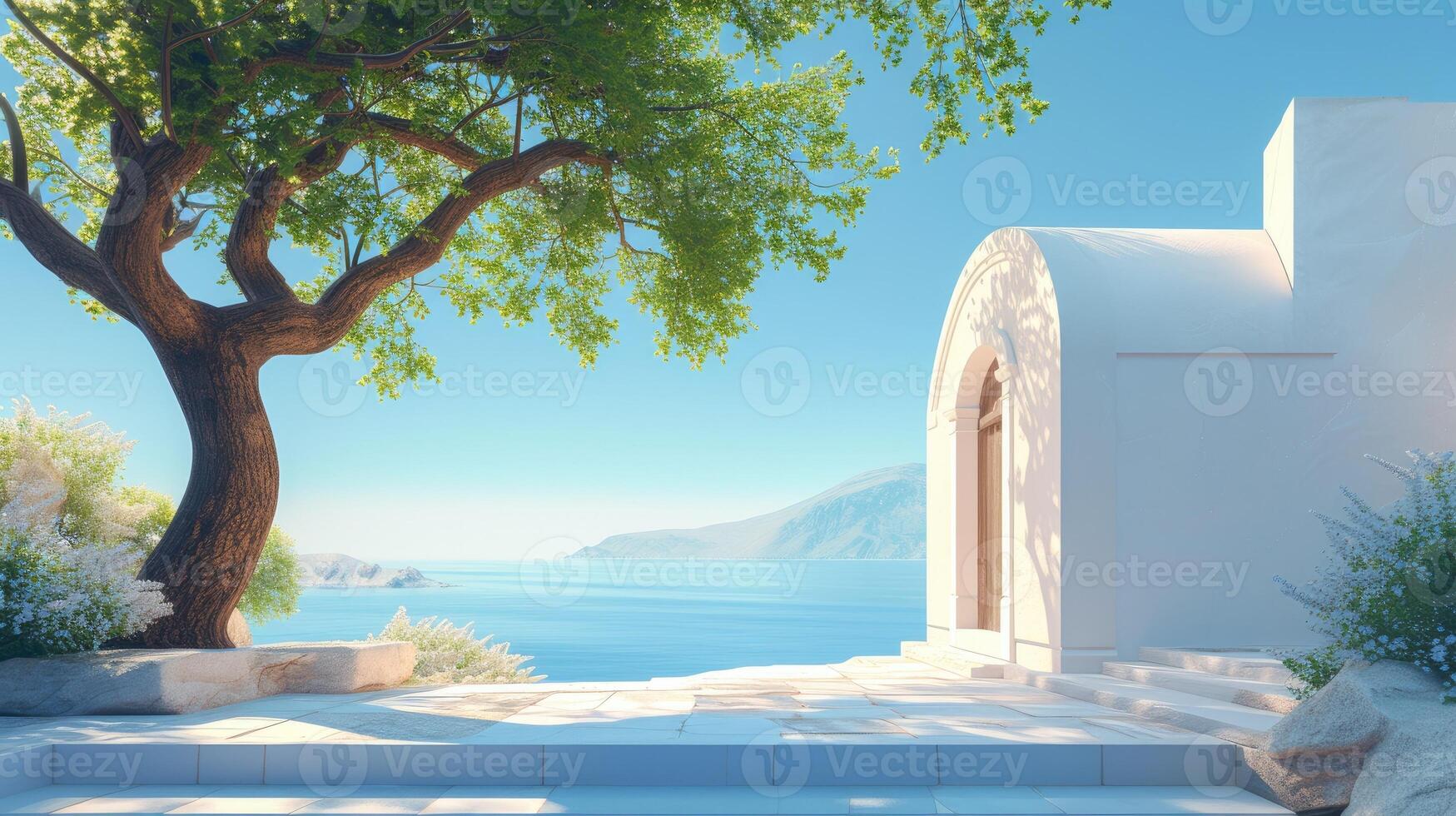 AI generated Amazing white architecture, blue sky and relaxing summer mood. photo