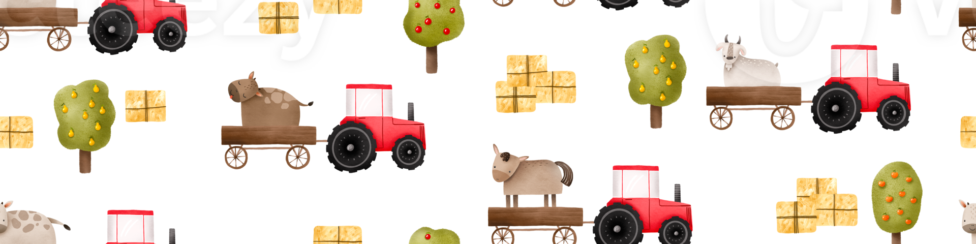 Seamless pattern of cartoon farm. Background of farm cute animals. Illustration with cow, horse, goat and red tractor. Good for Wallpaper, fabric, textile, wrapping paper design png