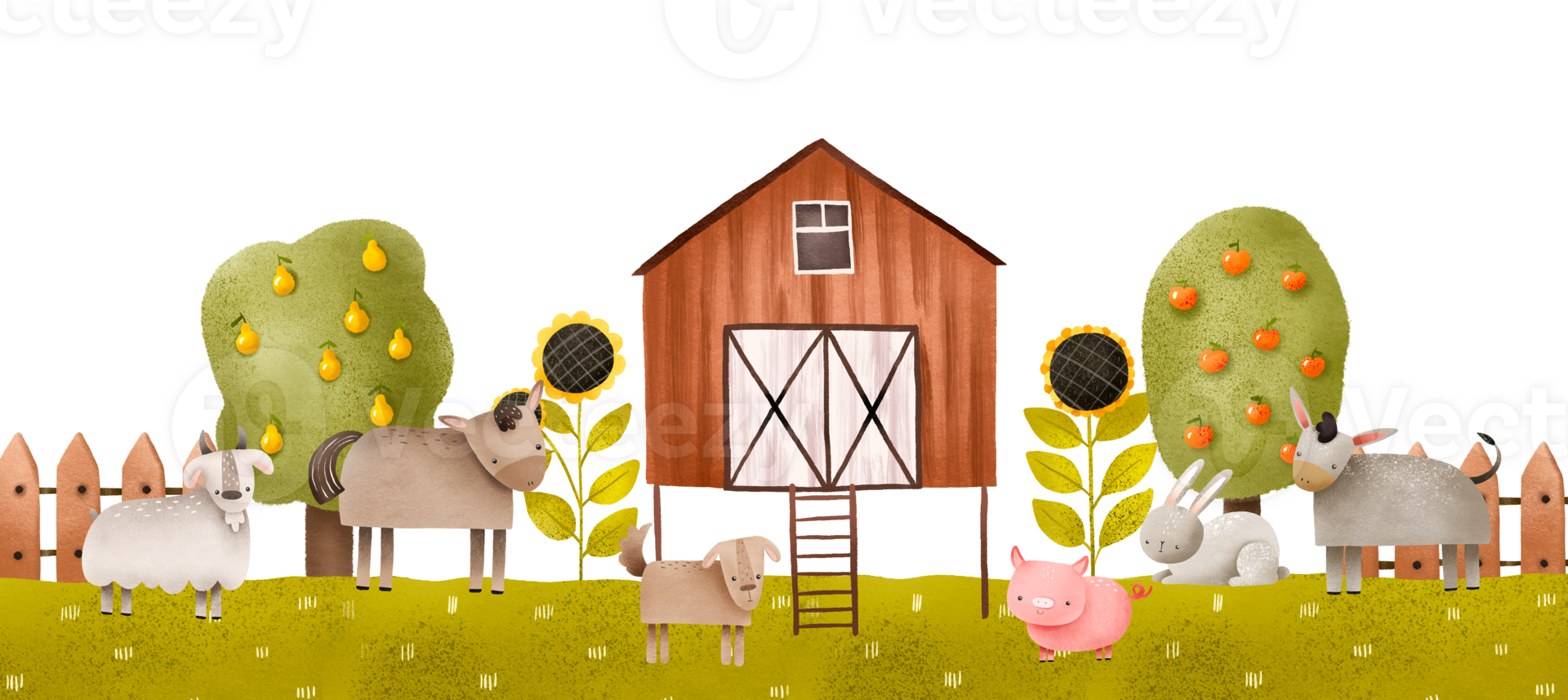 Landscape with cattle near a farm building. Even-toed ungulates and livestock graze on the lawn. Cute children's hand-drawn composition for decor, cards and invitations. Illustration for newborns png