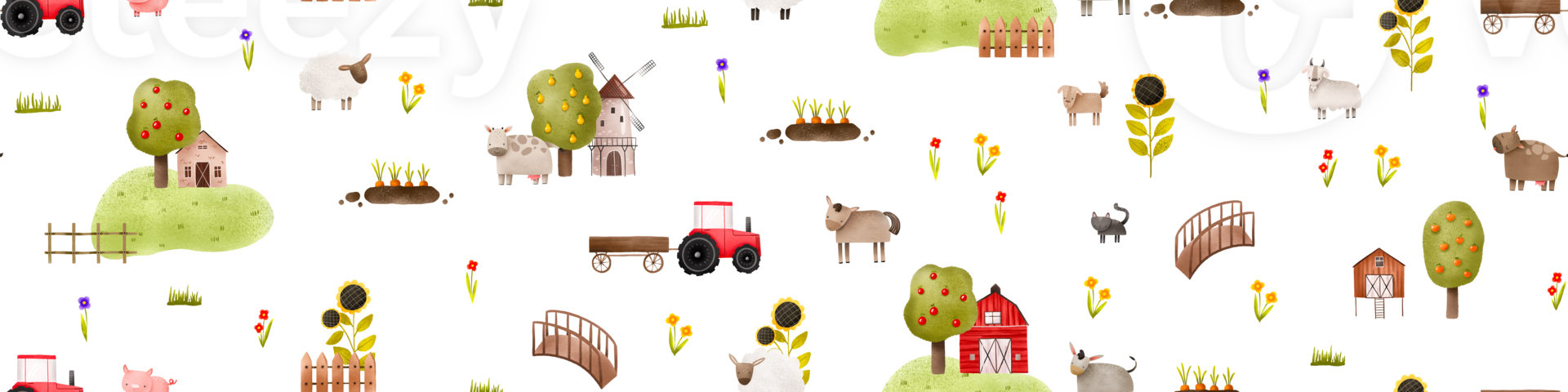 Farm seamless pattern. Landscape cartoon background with farm animals and tractor, cow, sheep, pig, horse. Childish hand drawn illustration. Nature pattern with fruit trees. png