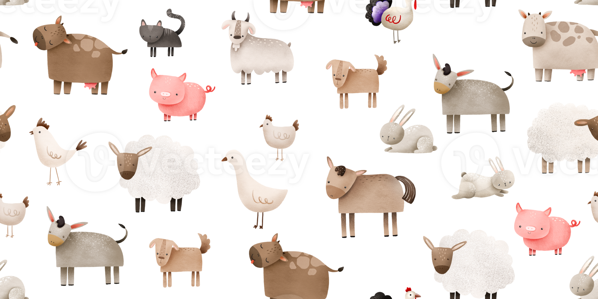 boerderij dieren naadloos patroon. schattig tekenfilm huiselijk dieren, koe, geit, schaap, paard en vee, artiodactyla dieren. hand- getrokken eindeloos achtergrond voor kinderen png