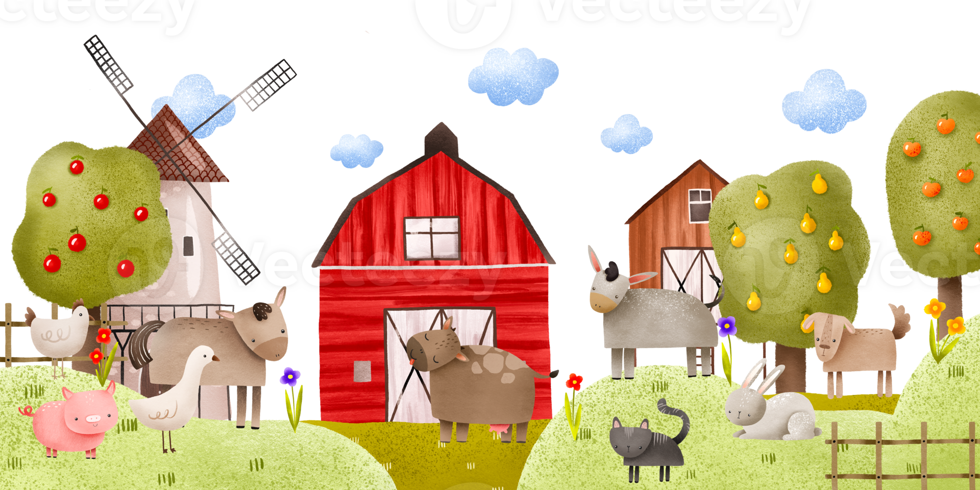 Horizontal landscape with a windmill, farm and fruit trees. Cattle and domestic animals graze on the lawn. Barnyard. Cute children's hand-drawn composition for decor, cards and invitations png