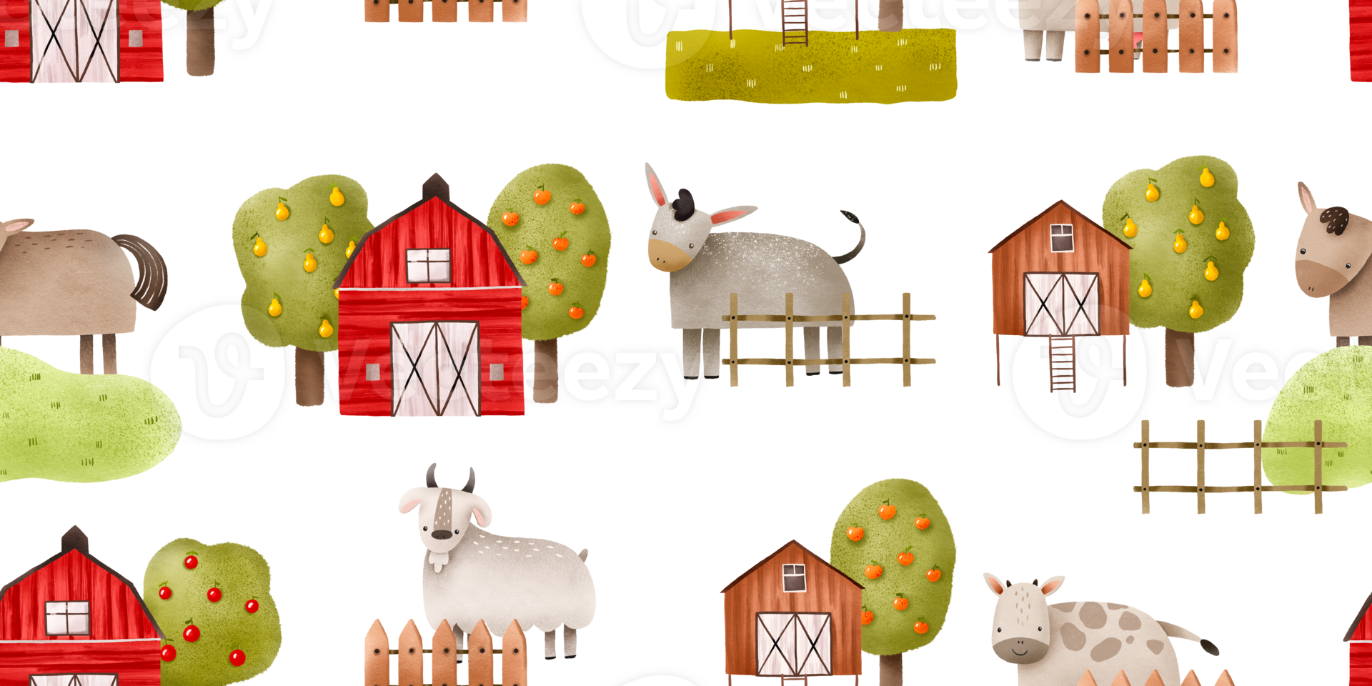 Cute Farm pets seamless pattern. Hand drawn hand drawn domestic animals. Rustic seamless background with farmhouse, trees, horse, goat, cow.  Village landscape background png