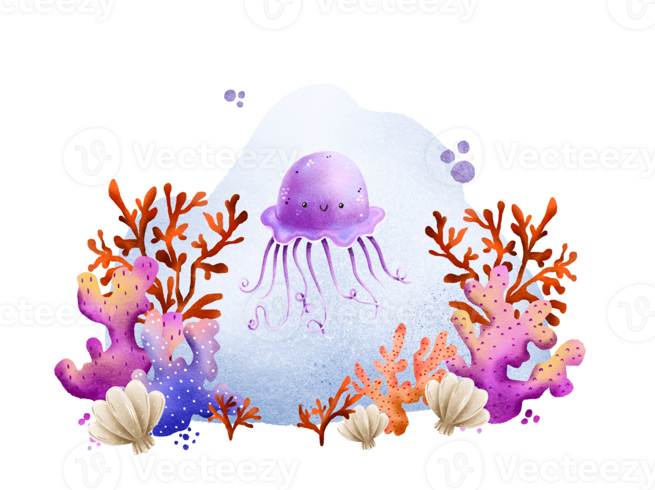 Hand-drawn postcard with the underwater world. Pink jellyfish, fish and seaweed and corals. Marine composition. At the bottom of the ocean. Cute illustration for children png