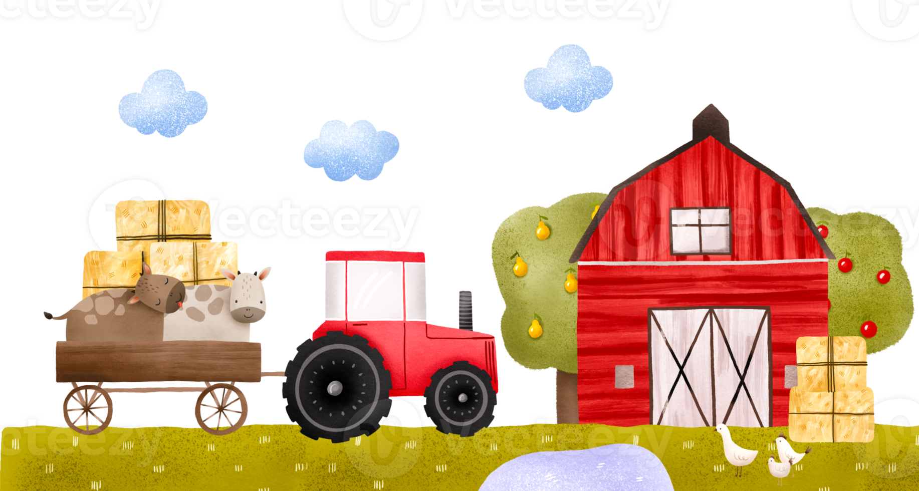 Rural composition with tractor and cows, haystack in wooden trolley. Red farmhouse and fruit trees. Good for nursery and kids design png