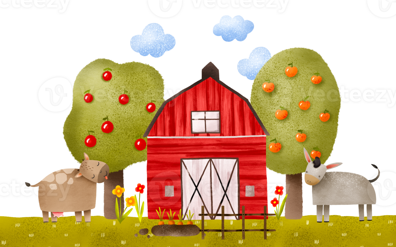 A cow and a donkey stand near a red wooden farm. Barnyard. Illustration on an isolated background. Cute children's hand-drawn composition for decor, cards and invitations. png