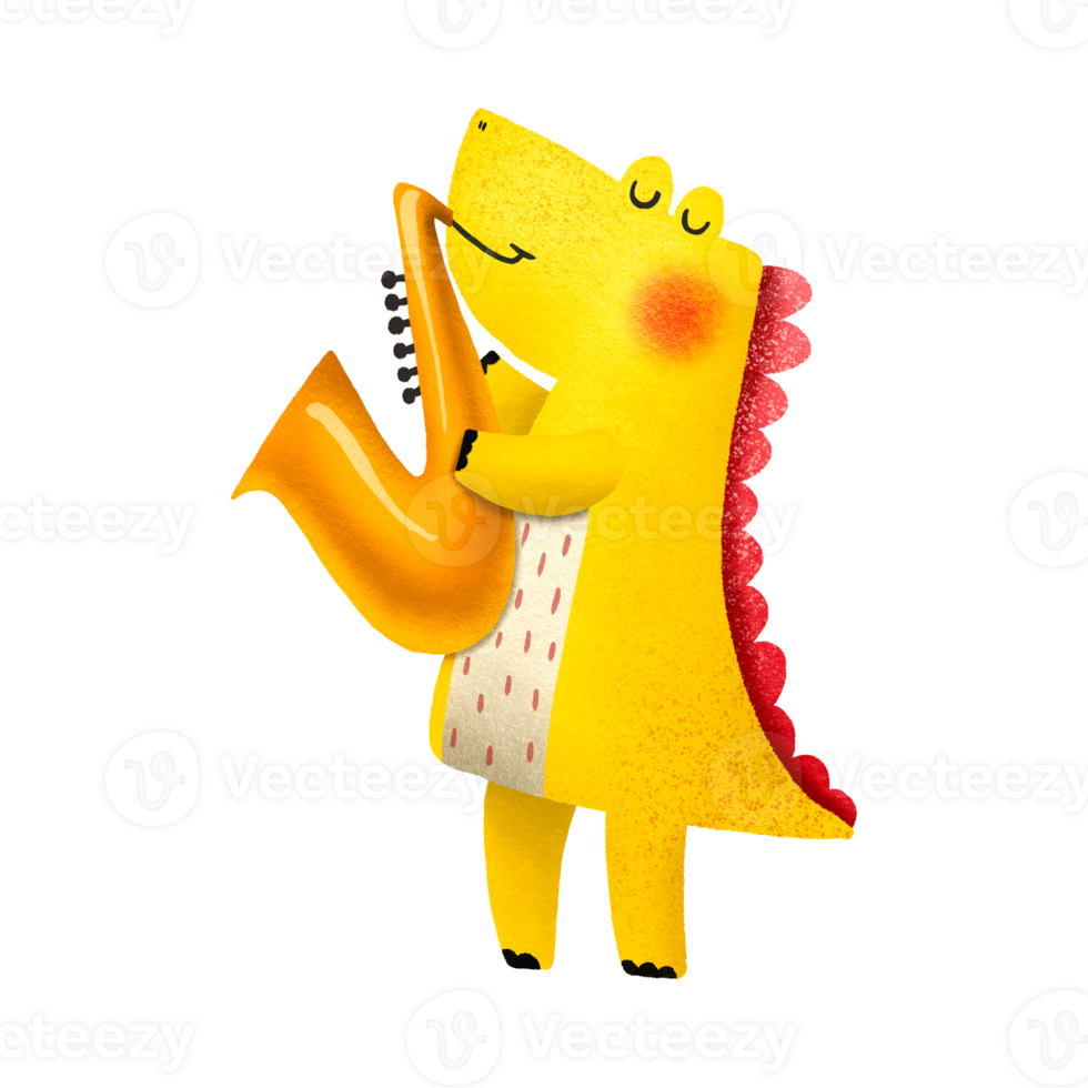 Cartoon dinosaur playing the saxophone Musician Dinosaur rockstar playing musical instruments Graphic for typography poster card label flyer page banner baby wear nursery png