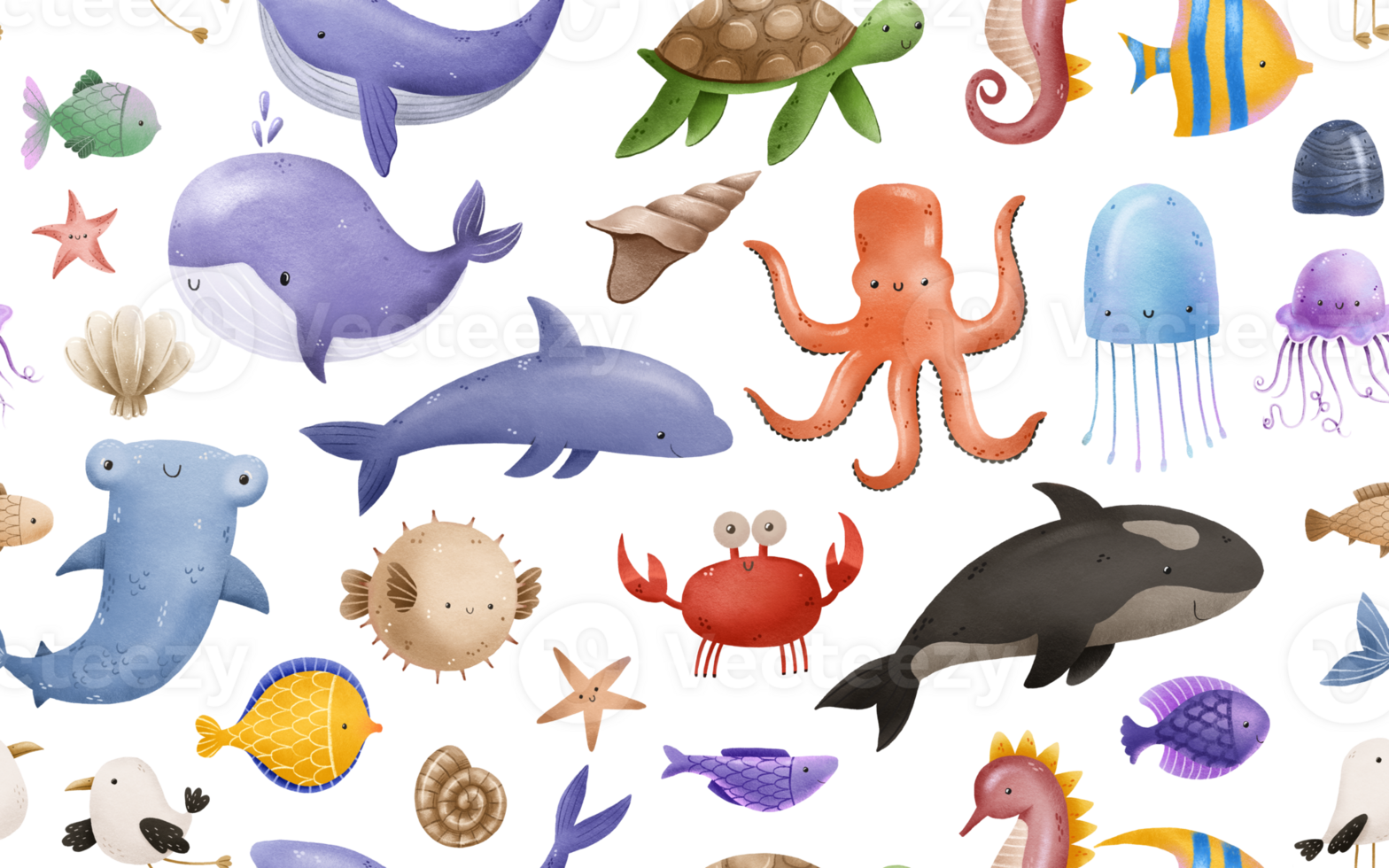 Seamless pattern with fish. Underwater sea world. Flora and fauna sharks jellyfish whales. Oceania. Children's hand drawn illustration on isolated background. Textile png