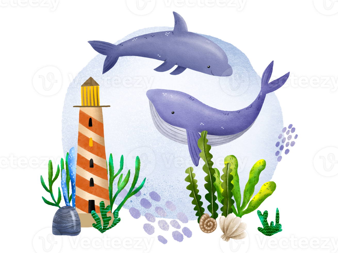 Hand-drawn postcard with the underwater world. Whale and dolphin in seaweed and corals. Seascape. At the bottom of the ocean and sea. Cute illustration for children png