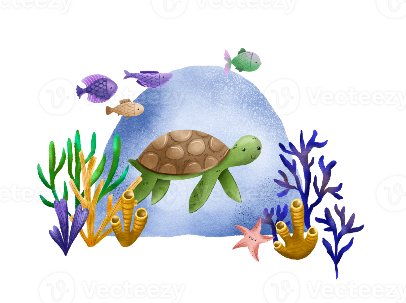 Hand-drawn postcard with the underwater world. Green turtle, fish and seaweed. At the bottom of the ocean. Cute illustration for children png