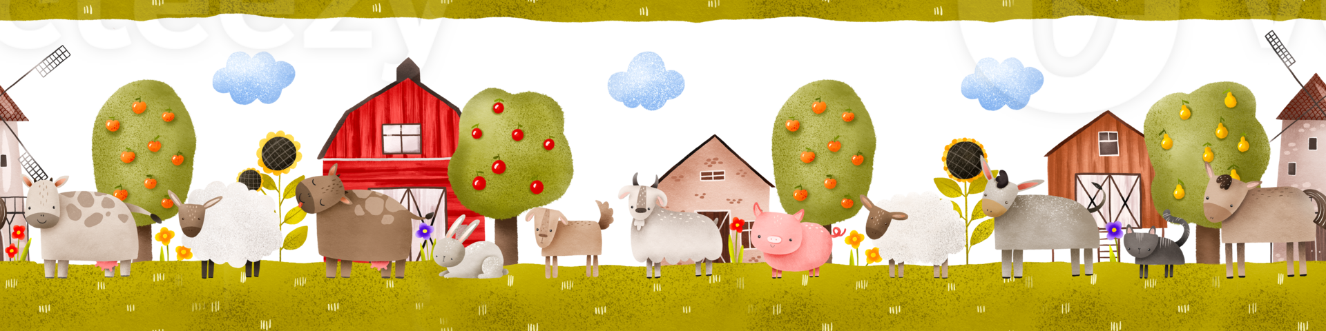 Farm seamless border pattern. Endless hand drawn background with farmhouse, windmill, cows, sheeps, horse, donkey and domestic animals. Landscape with fruit trees. Perfect for nursery, kids clothes png