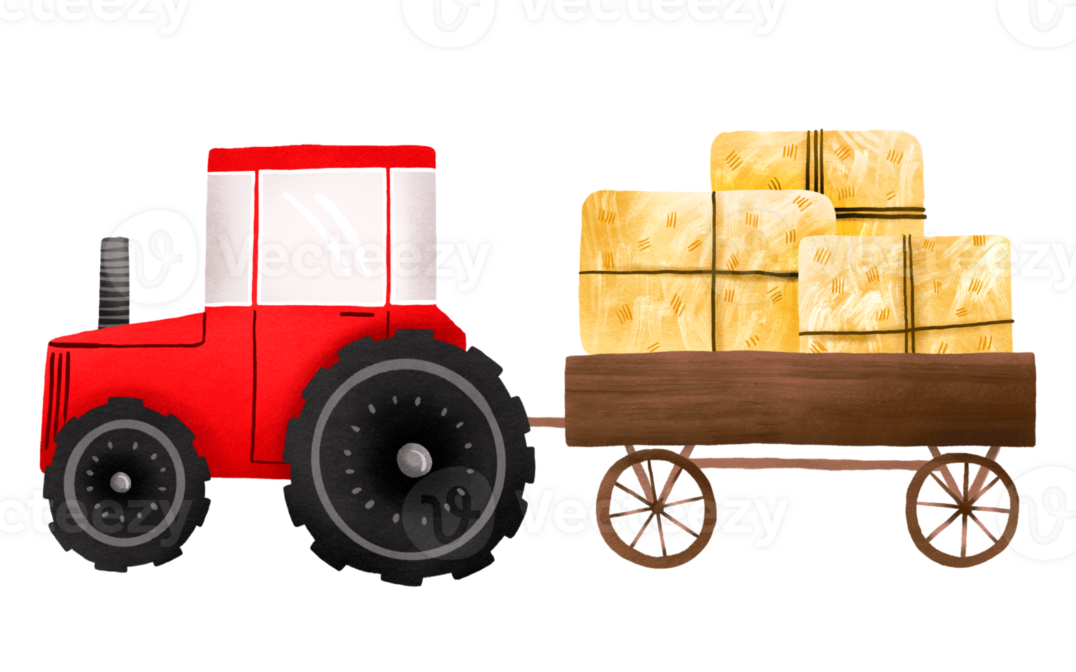 Farm red tractor with trailer and haystacks. Life in the village. Children's hand drawn illustration on isolated background png
