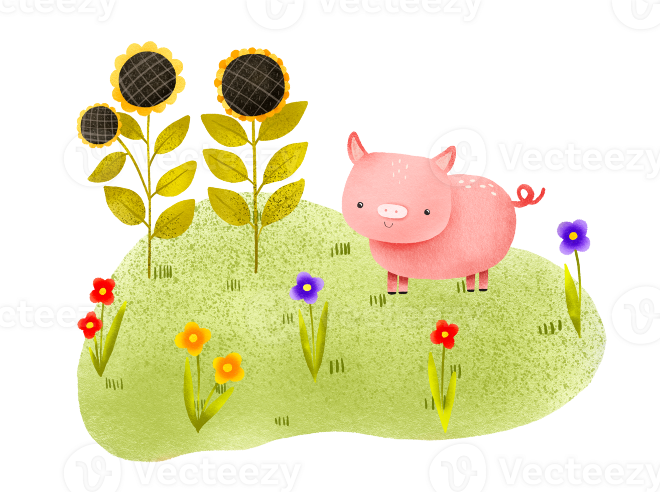 Cartoon drawing with a rural pink piglet on the lawn. Pig on the grass in flowers. Farm and barnyard. Cute children's hand-drawn composition for decor, cards and invitations png