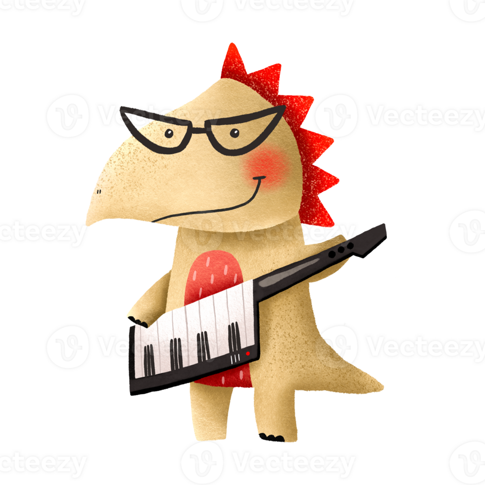 Cartoon dinosaur playing a synthesizer Musician pianist Dinosaur rockstar playing musical instruments Graphic for typography poster, card label flyer page banner baby wear nursery png