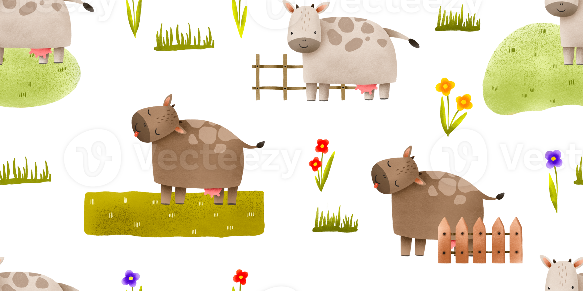Farm seamless pattern with cow. Cute cartoon cow near walking on green grass, wooden fence. Cute kids endless background. Use for wrapping paper, clothes, wall art, textile png