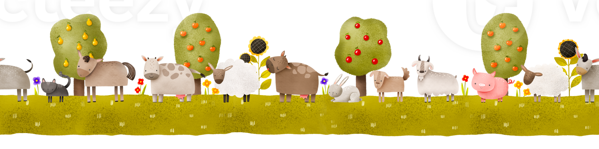 Farm seamless border pattern. Endless hand drawn background with cows, sheeps, horse, donkey and domestic animals. Landscape with fruit trees. Perfect for nursery, kids clothes, wallart png
