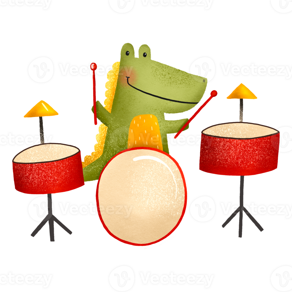 tecknad serie hand dragen dinosaurie spelar de trummor musiker handelsresande dinosaurie Rockstjärna spelar musikalisk instrument grafisk för typografi affisch, kort märka flygblad sida baner bebis ha på sig barnkammare illustration png