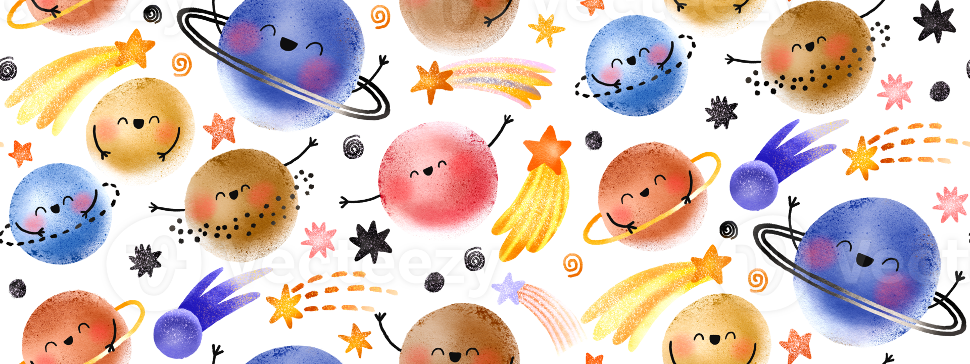 Seamless pattern with space planets, stars, galaxies and meteorites. Happy space characters. Open space. Cute baby background for children's room, textile, wallpaper, print and clothing. png