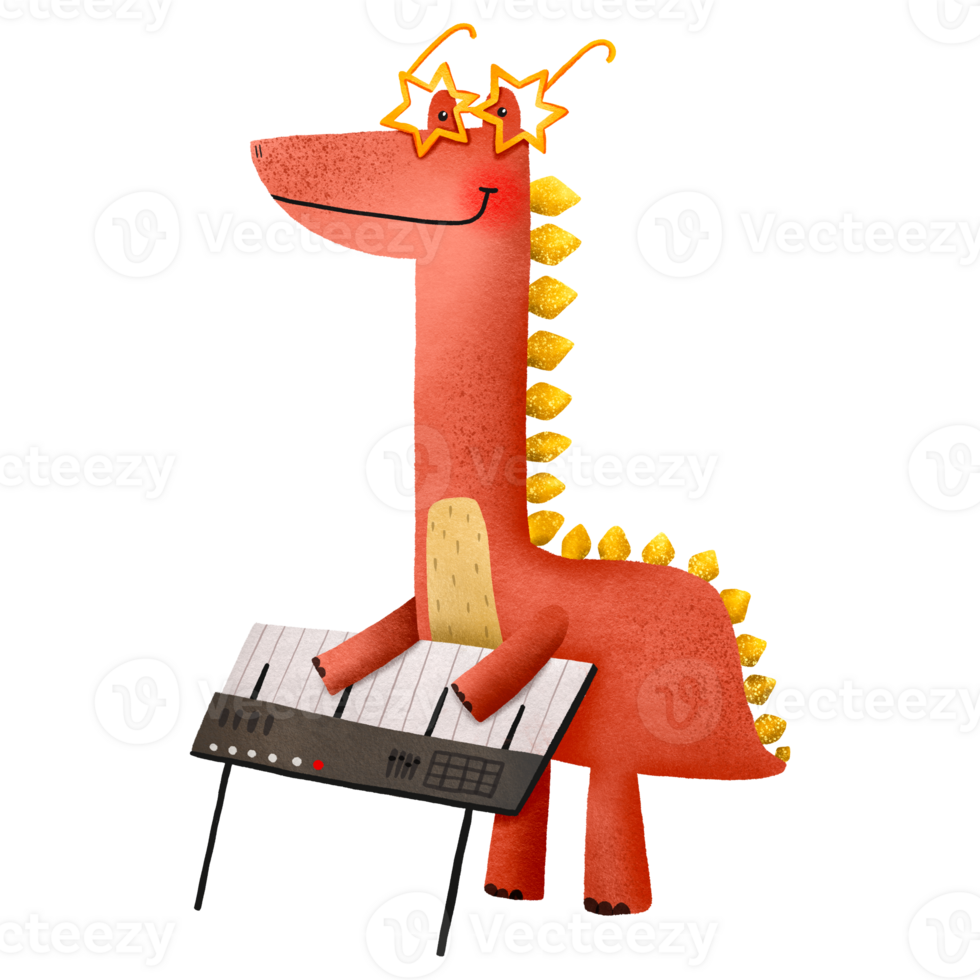 Cartoon red hand drawn dinosaur playing a synthesizer Musician pianist Dinosaur rockstar playing musical instruments Graphic for typography poster, card label flyer page banner baby wear nursery png