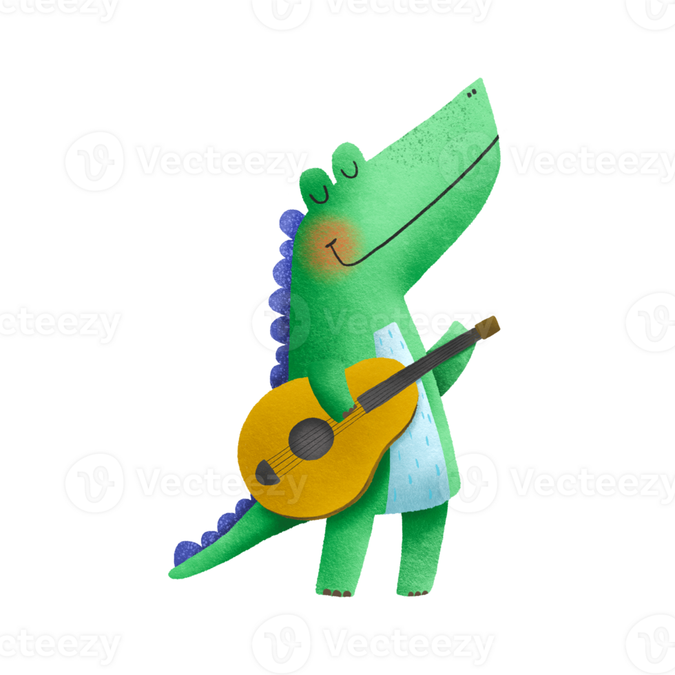 verde tirano saurio Rex dinosaurio balanceo el guitarra. dinosaurio tiranosaurio músico, personaje con guitarra. mano dibujado niños ilustración en aislado antecedentes png