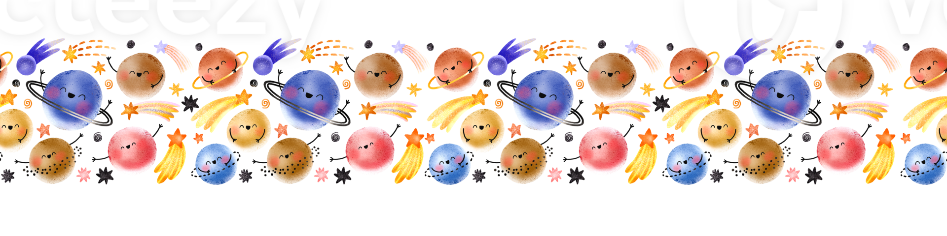 Childish seamless border background with space. Endless pattern with funny planets and stars. Cosmic decor for a children's room. Outer space. Children's illustration for textiles and packaging paper png