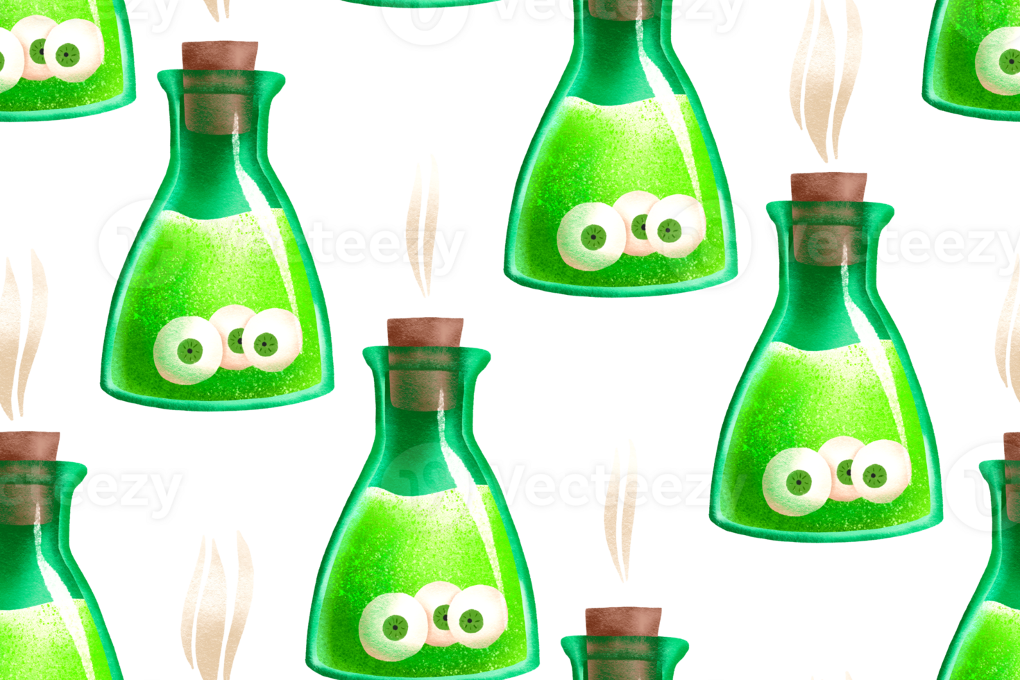 Hand drawn seamless pattern with glass flasks. Magic green potions with eyes. Wrapping paper and decor. Eye seamless pattern with bottle and eyeball for halloween png