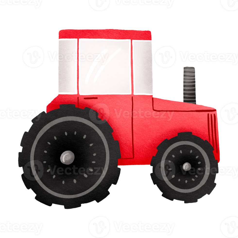tecknad serie röd traktor. barns jordbruks transport. odla. söt hand dragen illustration på isolerat bakgrund. png