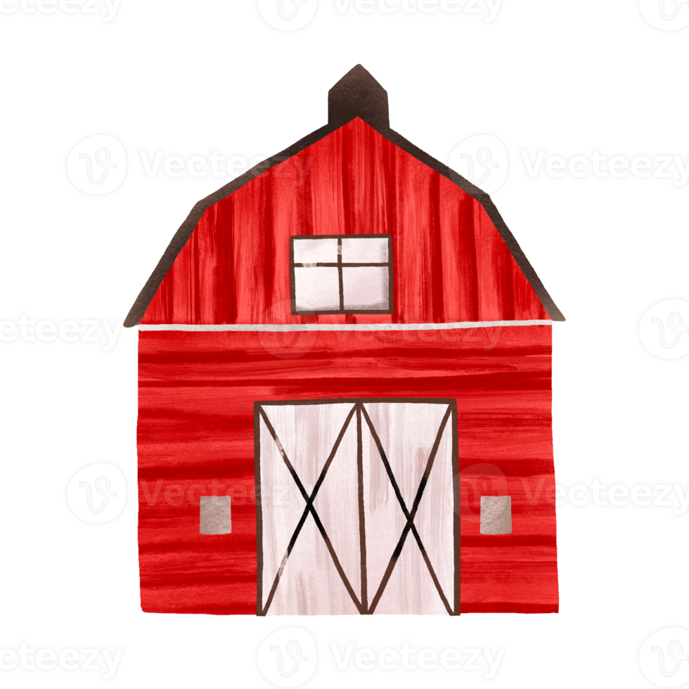 Cartoon farm building. Rural red farm. Cute hand drawn baby illustration on isolated background png