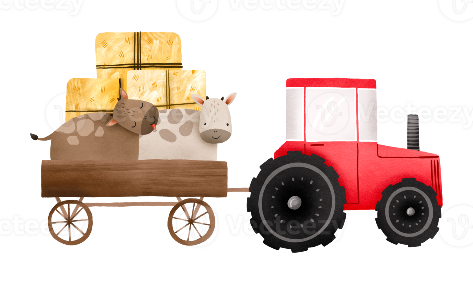 Red tractor with trailer, haystacks and cows. Cute cartoon animals in a red tractor. Farm. Cute hand drawn baby illustration on isolated background png