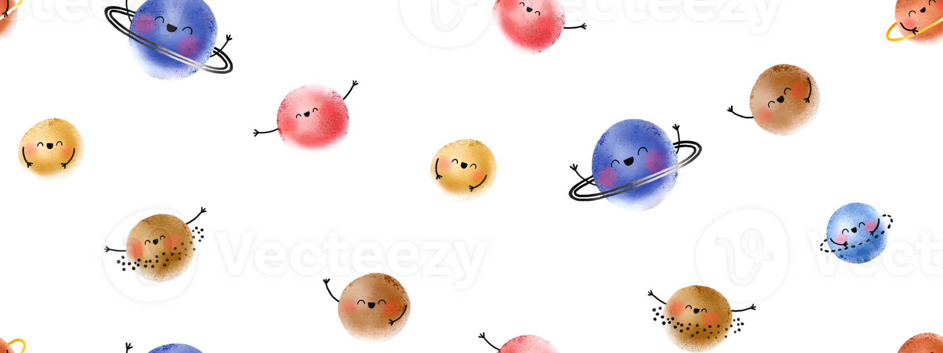 Cute seamless simple pattern with hand drawn planets. Solar system. Space background with funny planets with faces. Cute baby background for children's room, textile, wallpaper, print and clothing. png