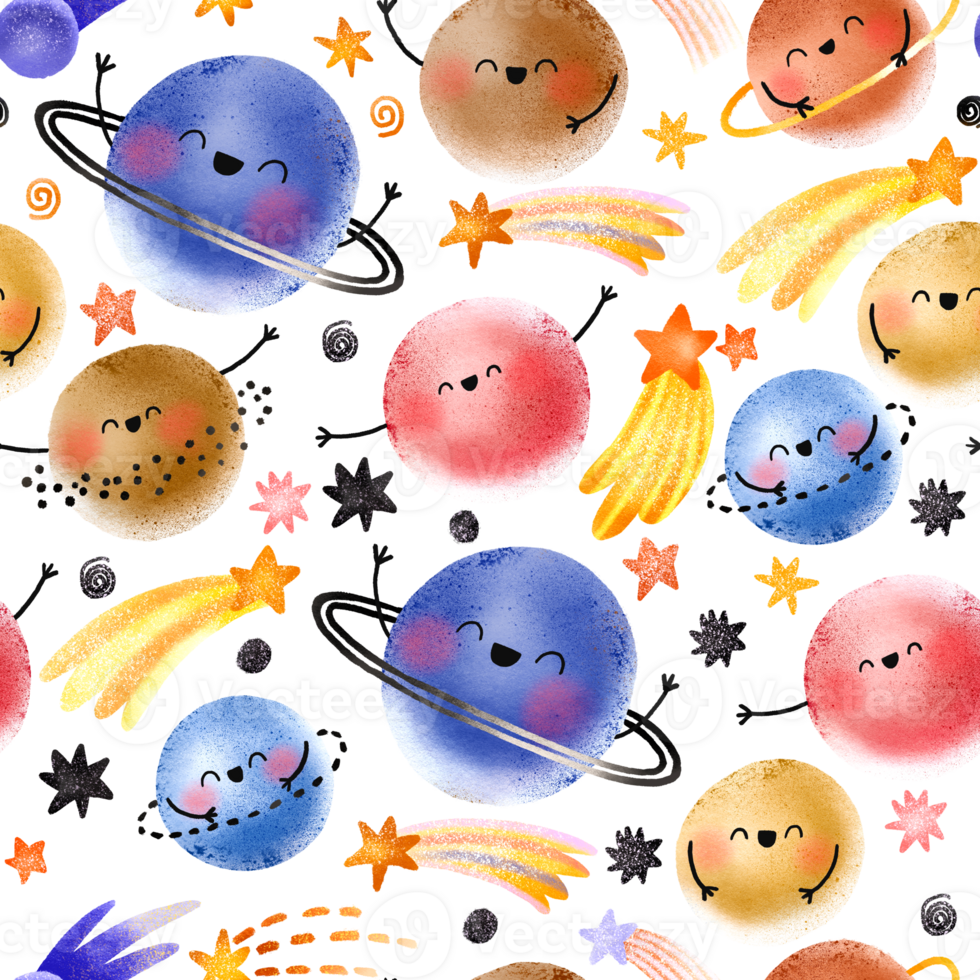 Children's seamless background with space. Endless pattern with funny planets, cosmic bodies and stars. Outer space. Solar system in cartoon style. Kids illustration for textiles and packaging paper png