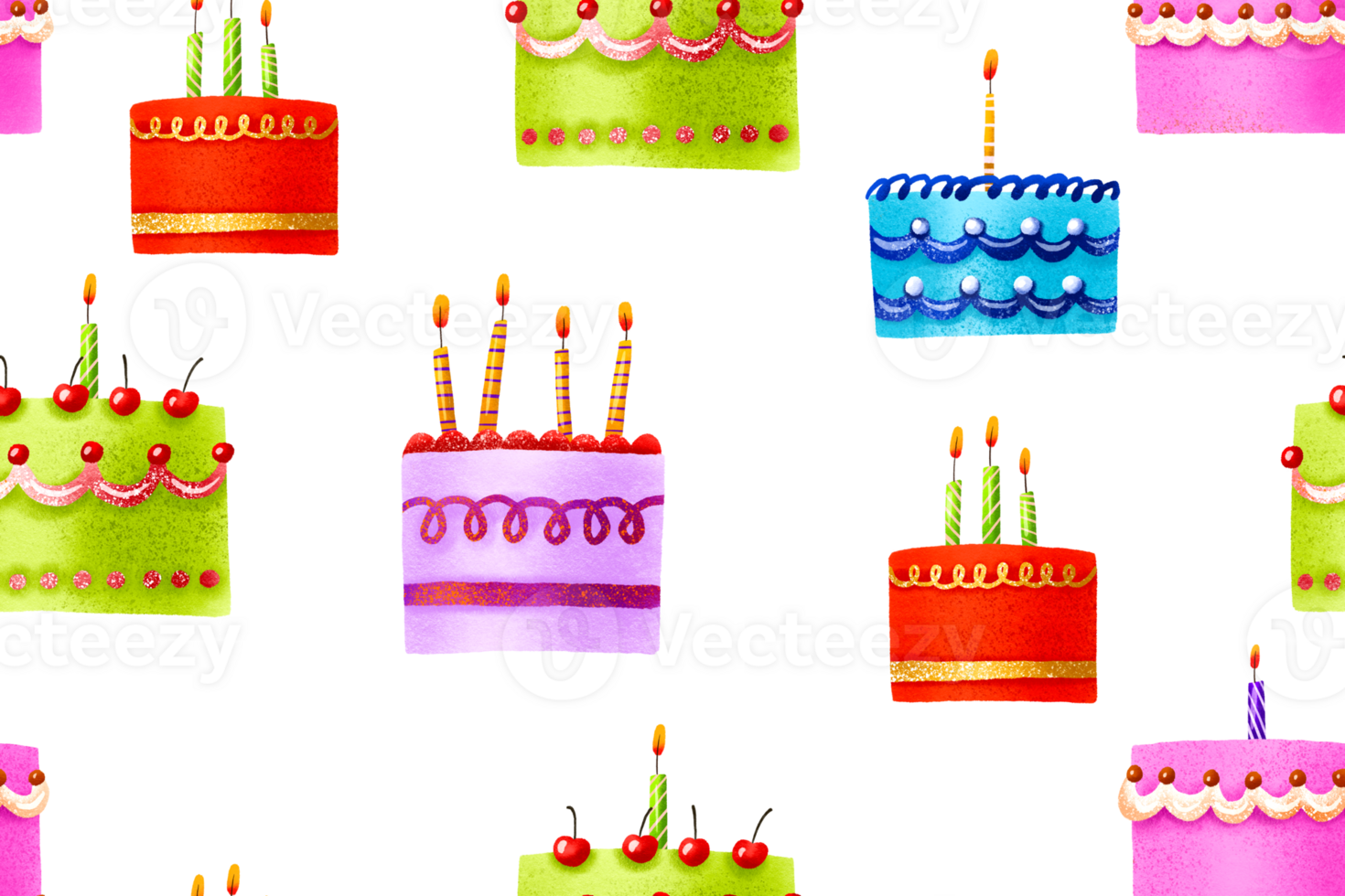 Seamless pattern with cakes. Cute desserts and pastries. Birthday cake. Cakes with colored icing and candles. Cute illustration for children. Children's background png