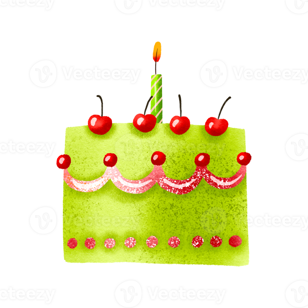 Children's green birthday cake with candle. Cake with cream and cherries. Children's holiday cartoon illustration. Hand drawn illustration on isolated background. png