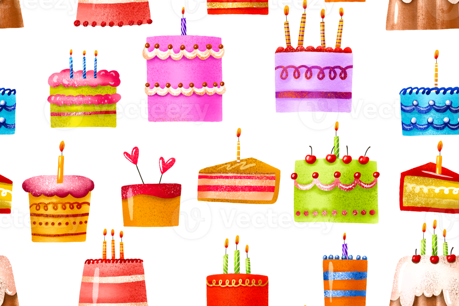 Seamless pattern with cakes and cupcakes. Cute desserts and pastries. Birthday cake. Cakes with colored icing and candles. Cute illustration for children. Children's background png