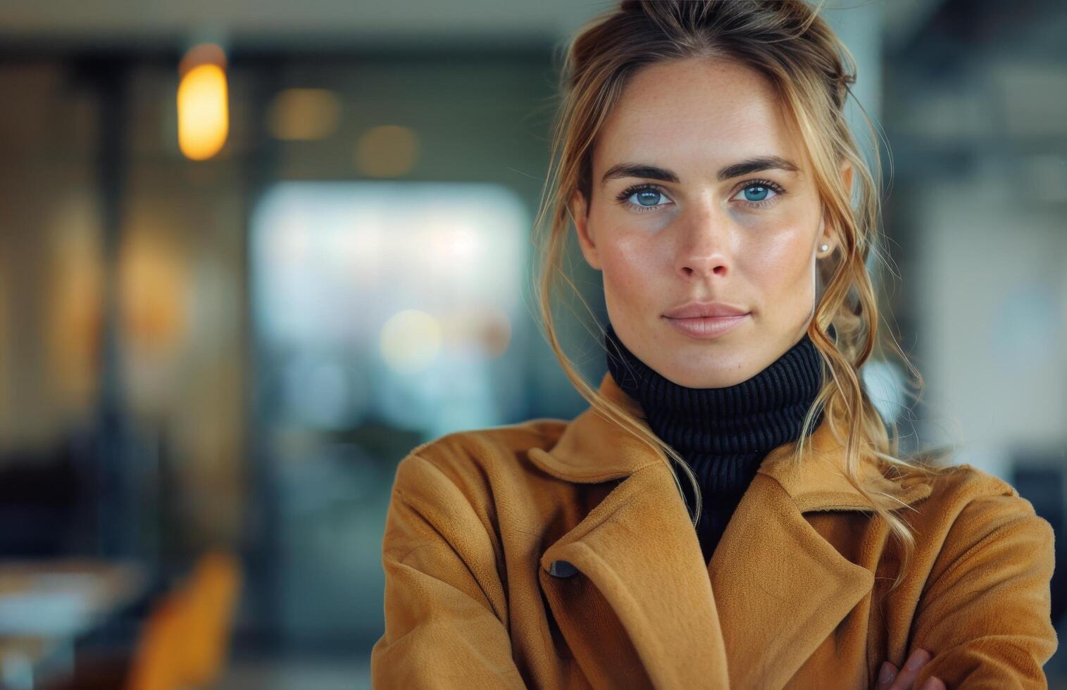 AI generated Woman in Brown Coat Looking at Camera photo