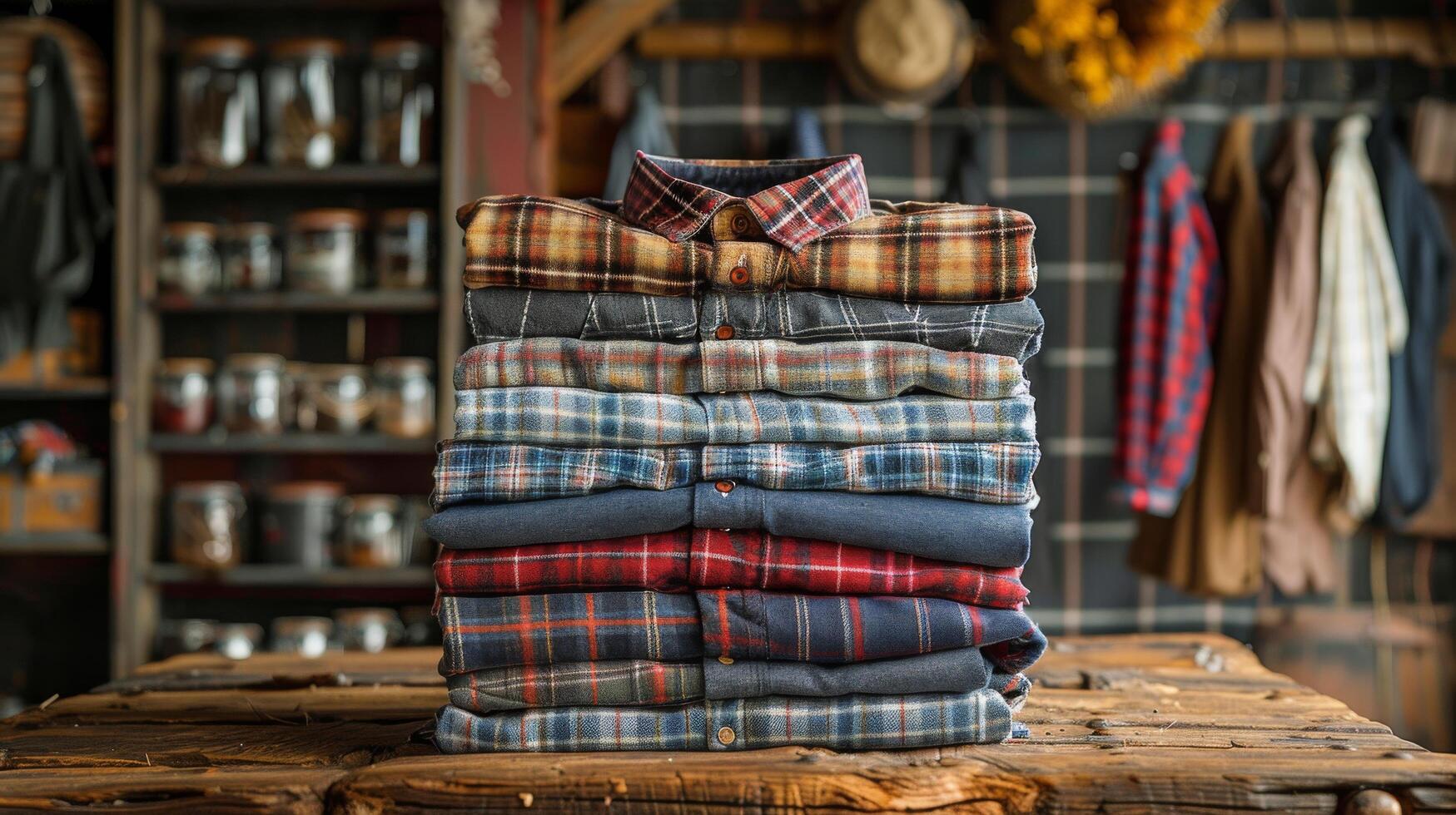 AI generated Stack of Plaid Shirts on Wooden Table photo