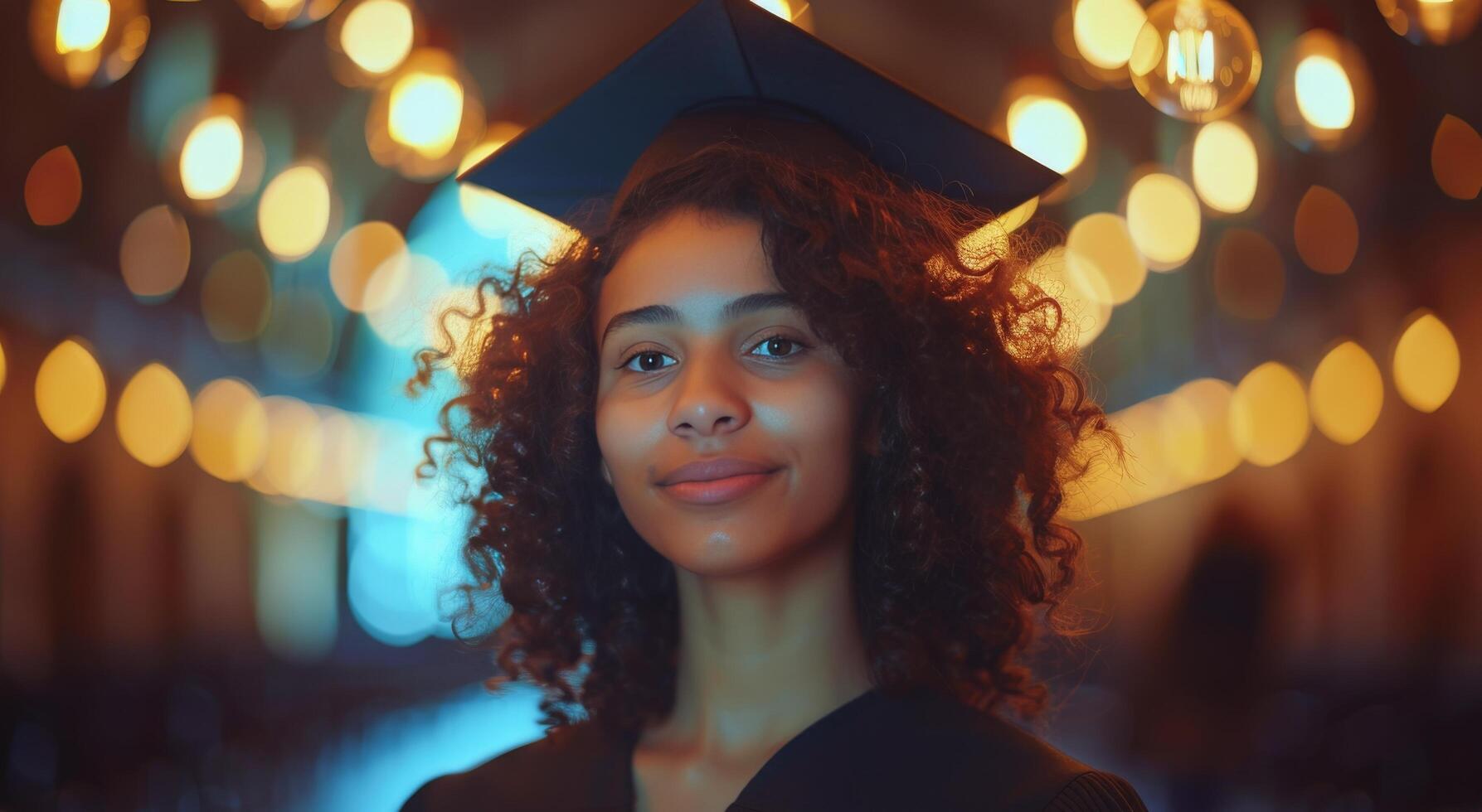 ai generado mujer en graduación gorra y vestido en habitación foto