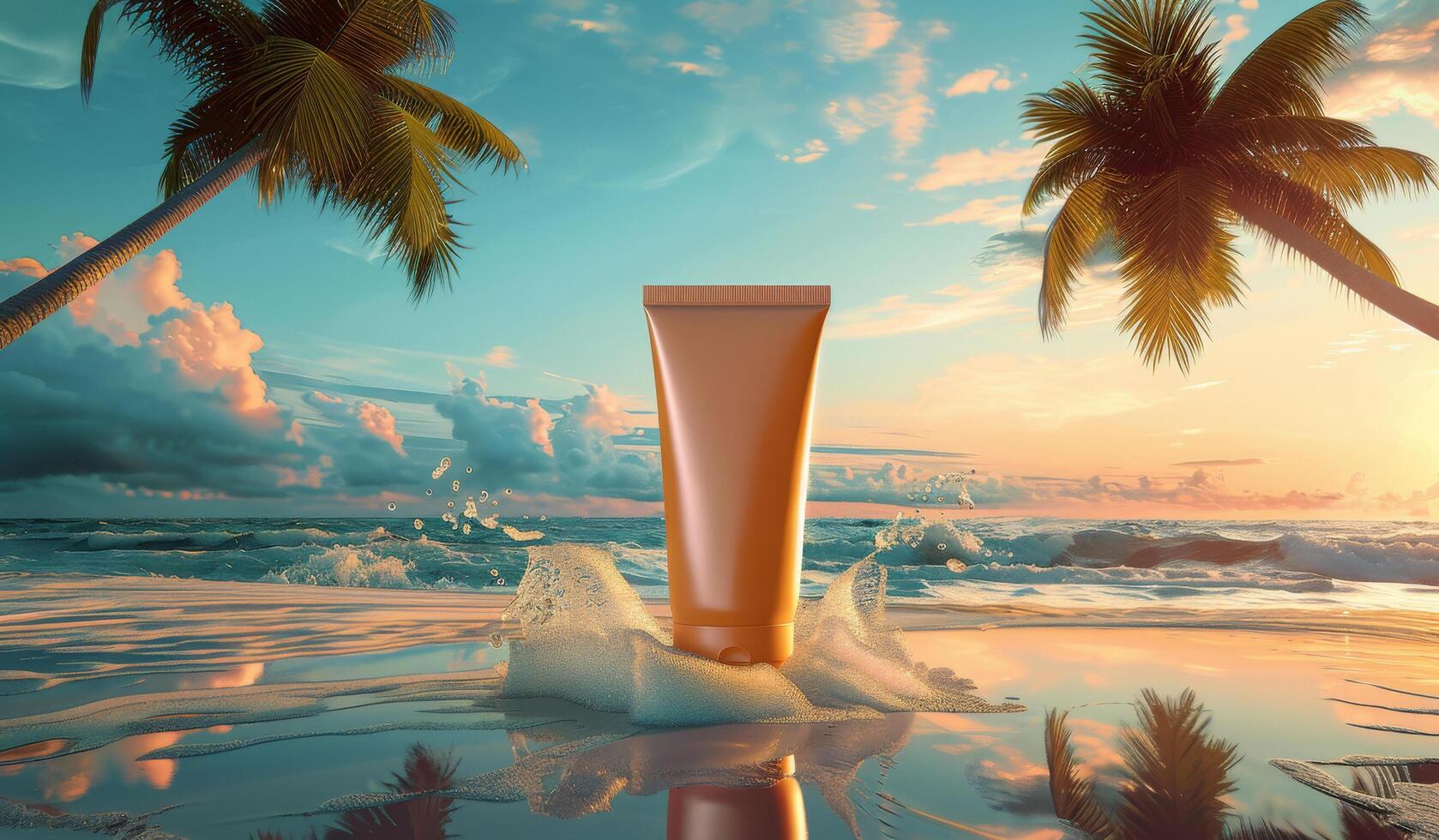 AI generated Tube of Sunscreen on Beach With Palm Trees photo