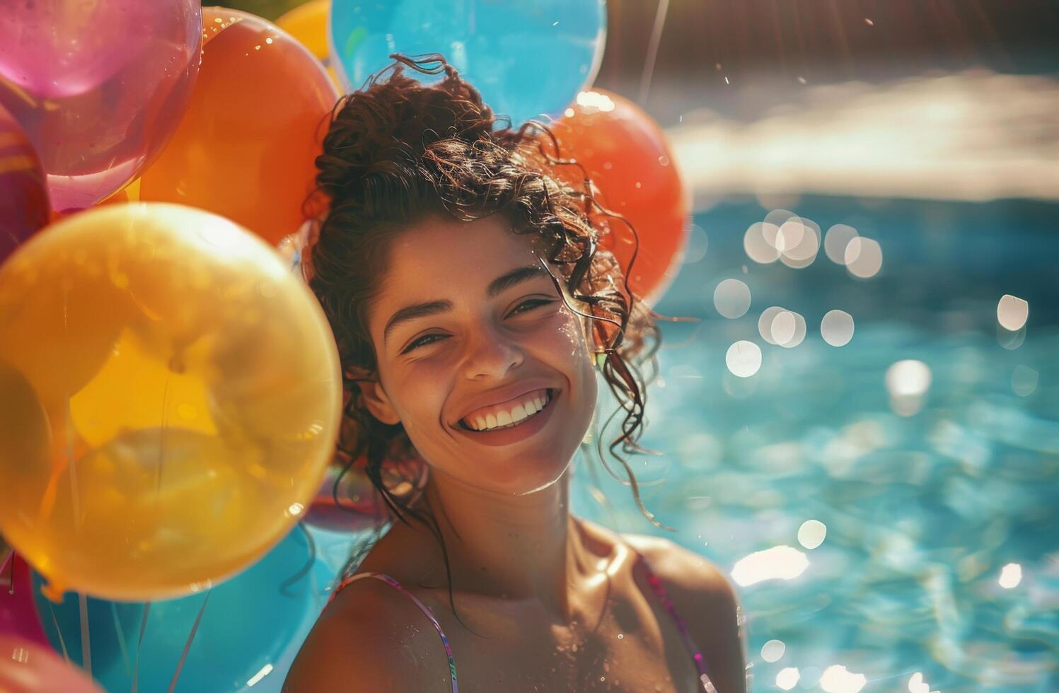 ai generado mujer en pie en piscina con globos foto