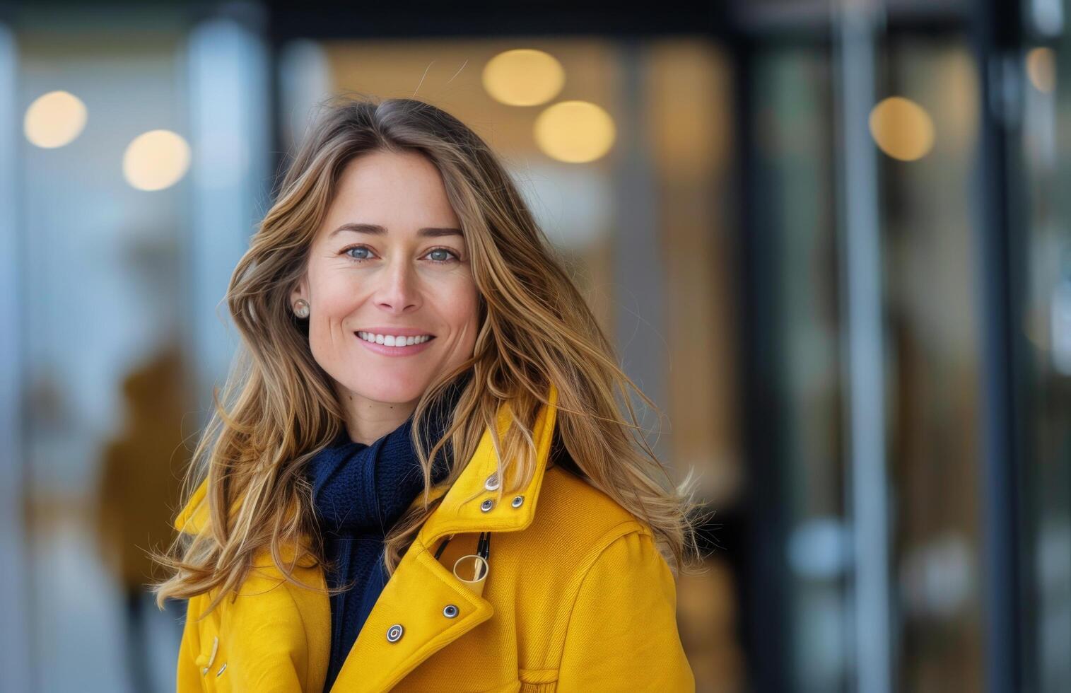 AI generated Woman in Yellow Jacket Smiles at Camera photo