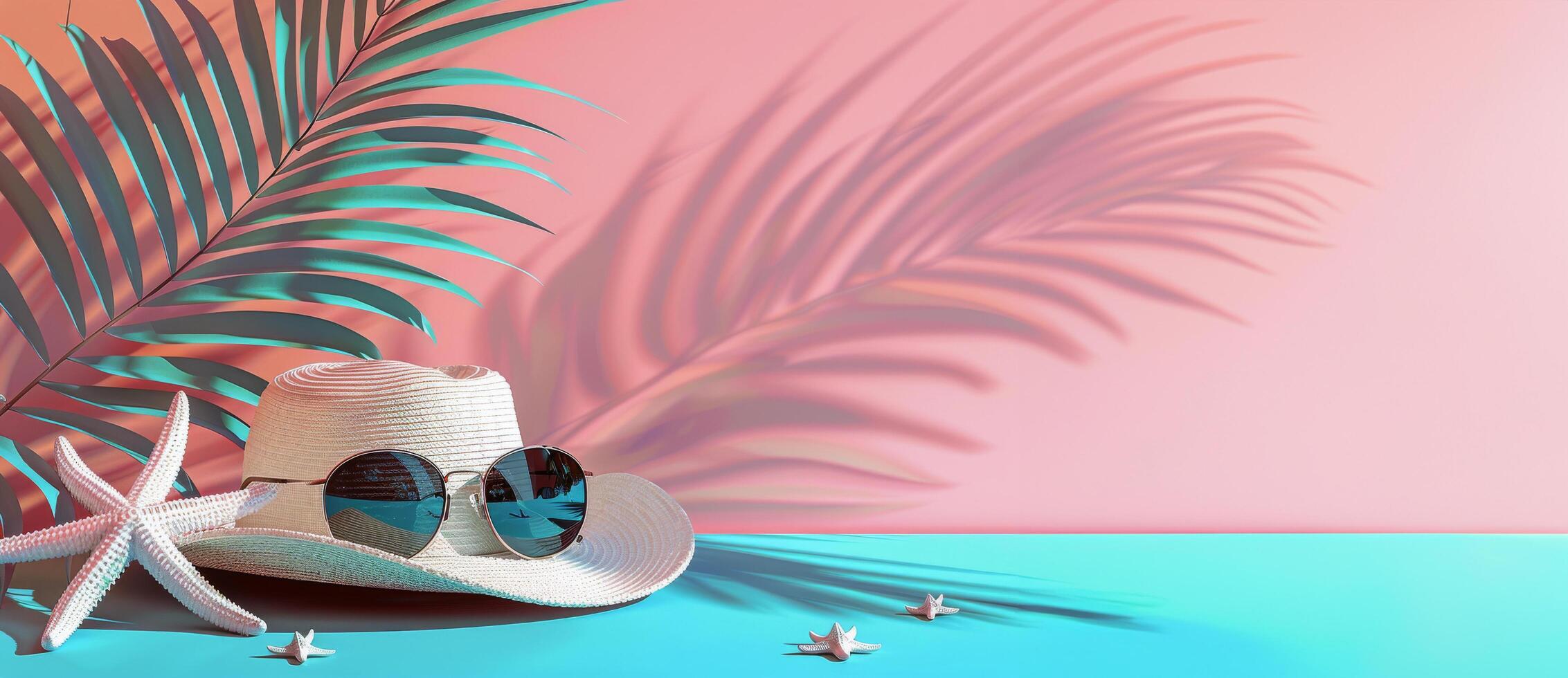 AI generated Hats, Palm Leaves, and Starfish on Tan Background photo