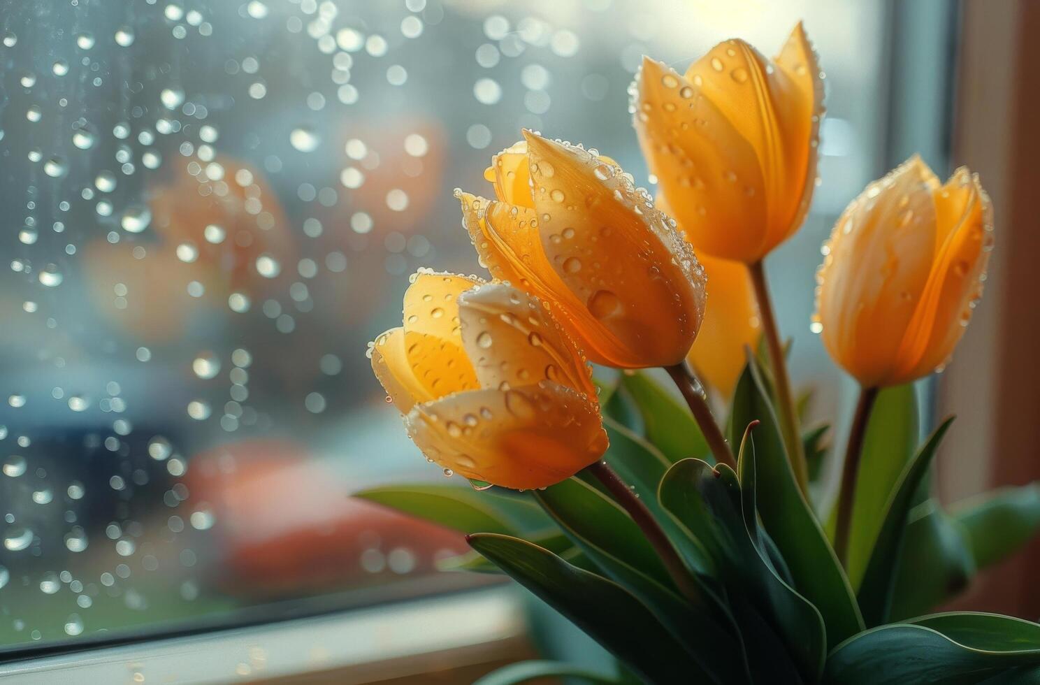 ai generado cerca arriba de florero de flores por ventana foto