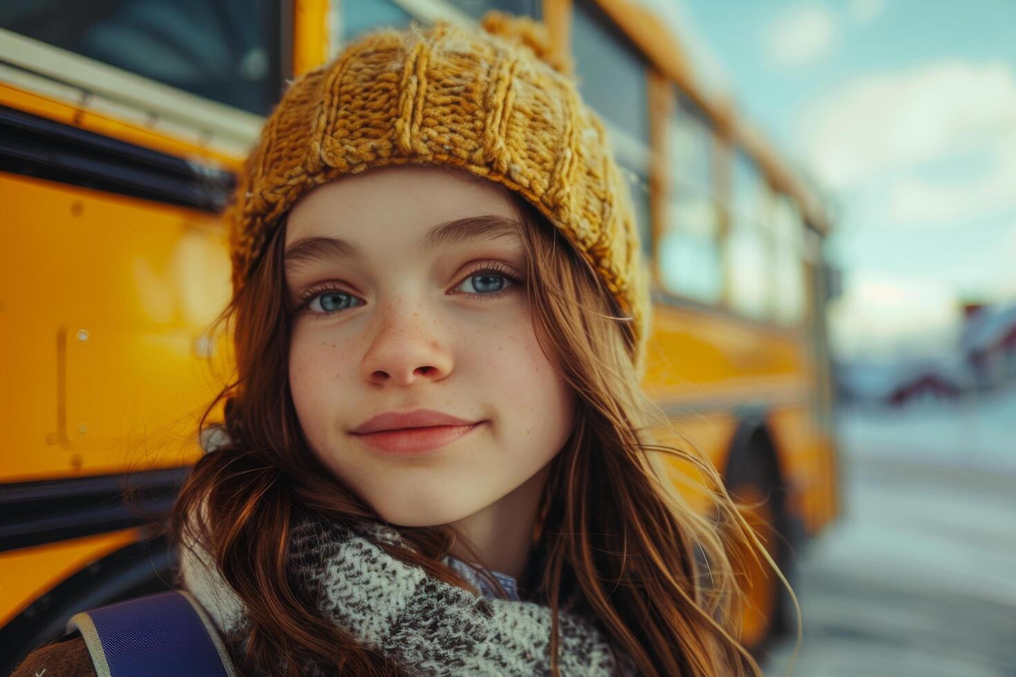 AI generated Young Girl Standing in Front of Yellow School Bus photo