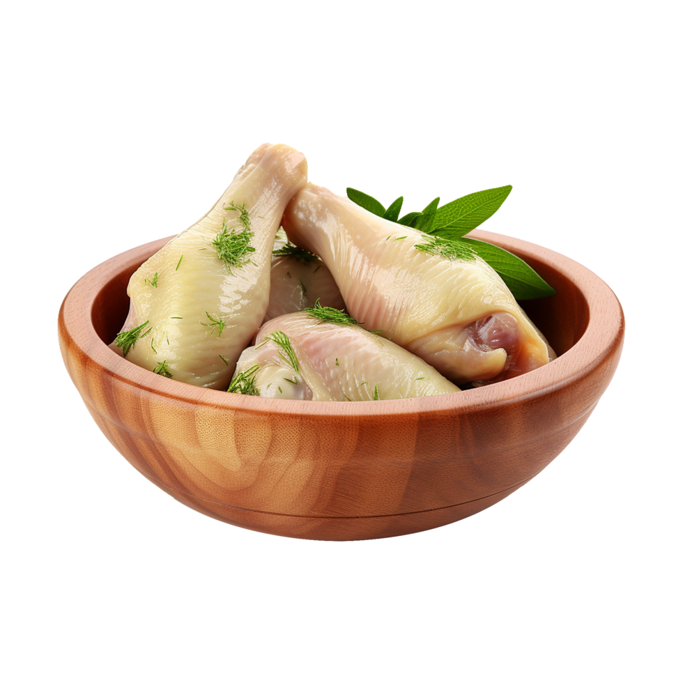 AI generated Fresh raw chicken in wooden bowl isolated on transparent background png