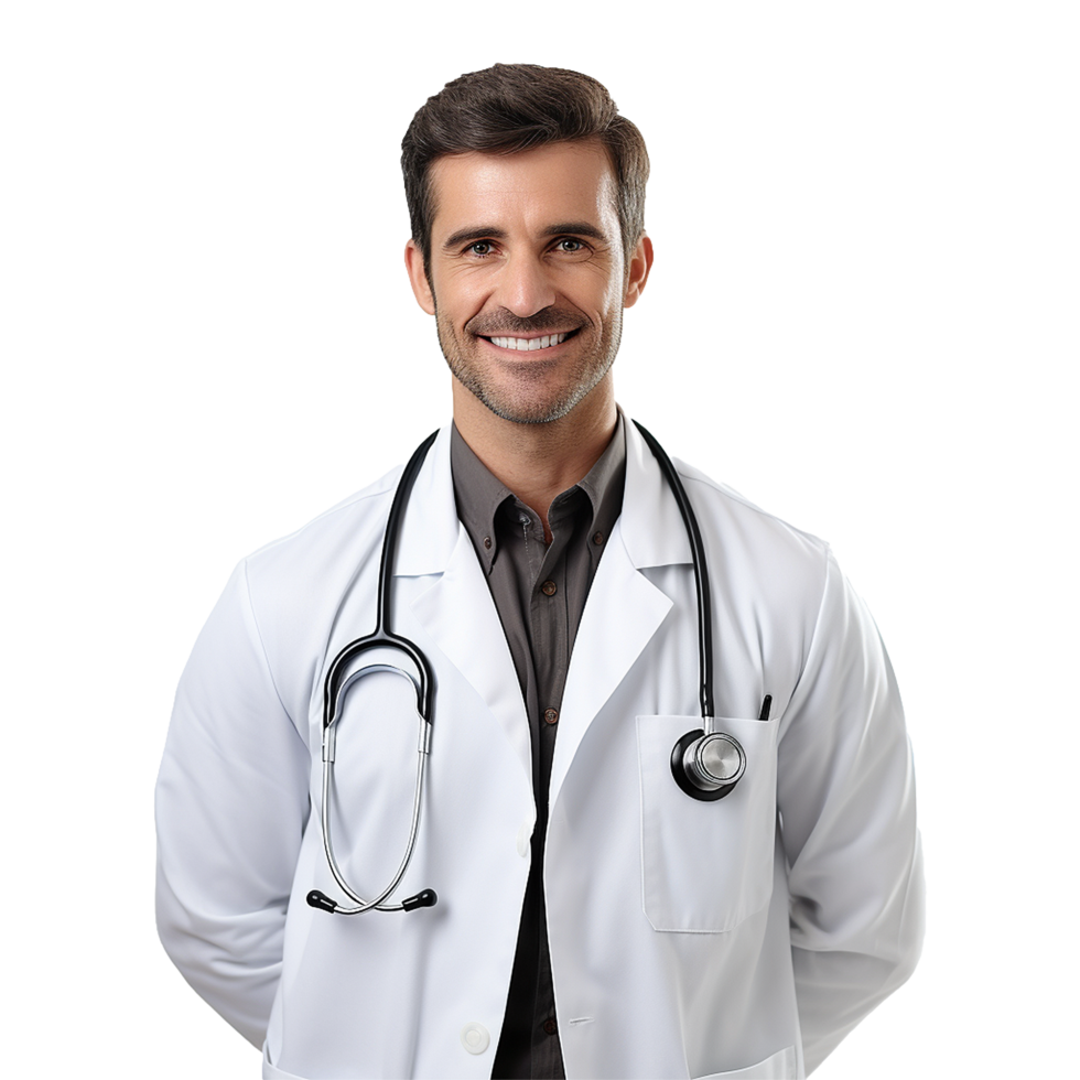 AI generated A smiling doctor with glasses and a white lab coat isolated on transparent background png