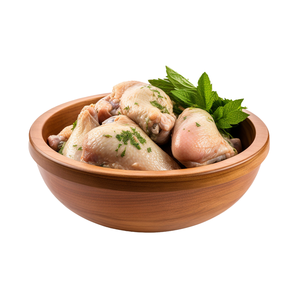 AI generated Fresh raw chicken in wooden bowl isolated on transparent background png