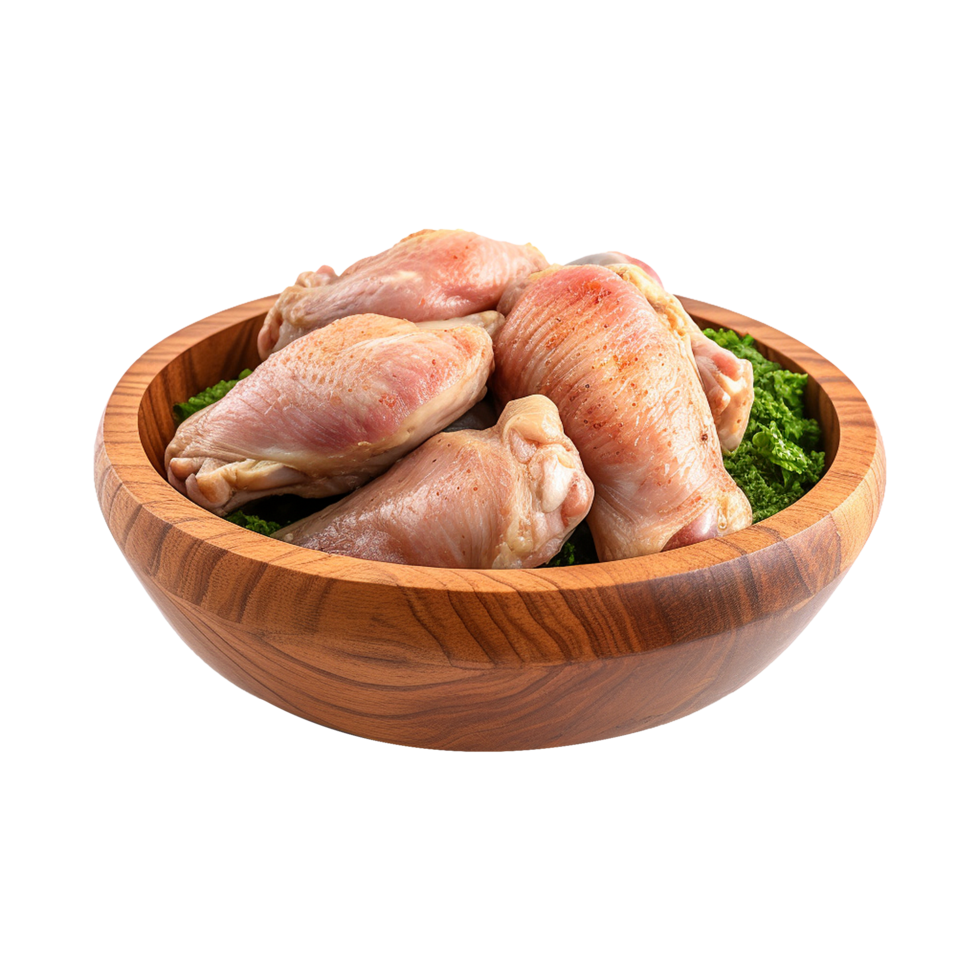 AI generated Fresh raw chicken in wooden bowl isolated on transparent background png